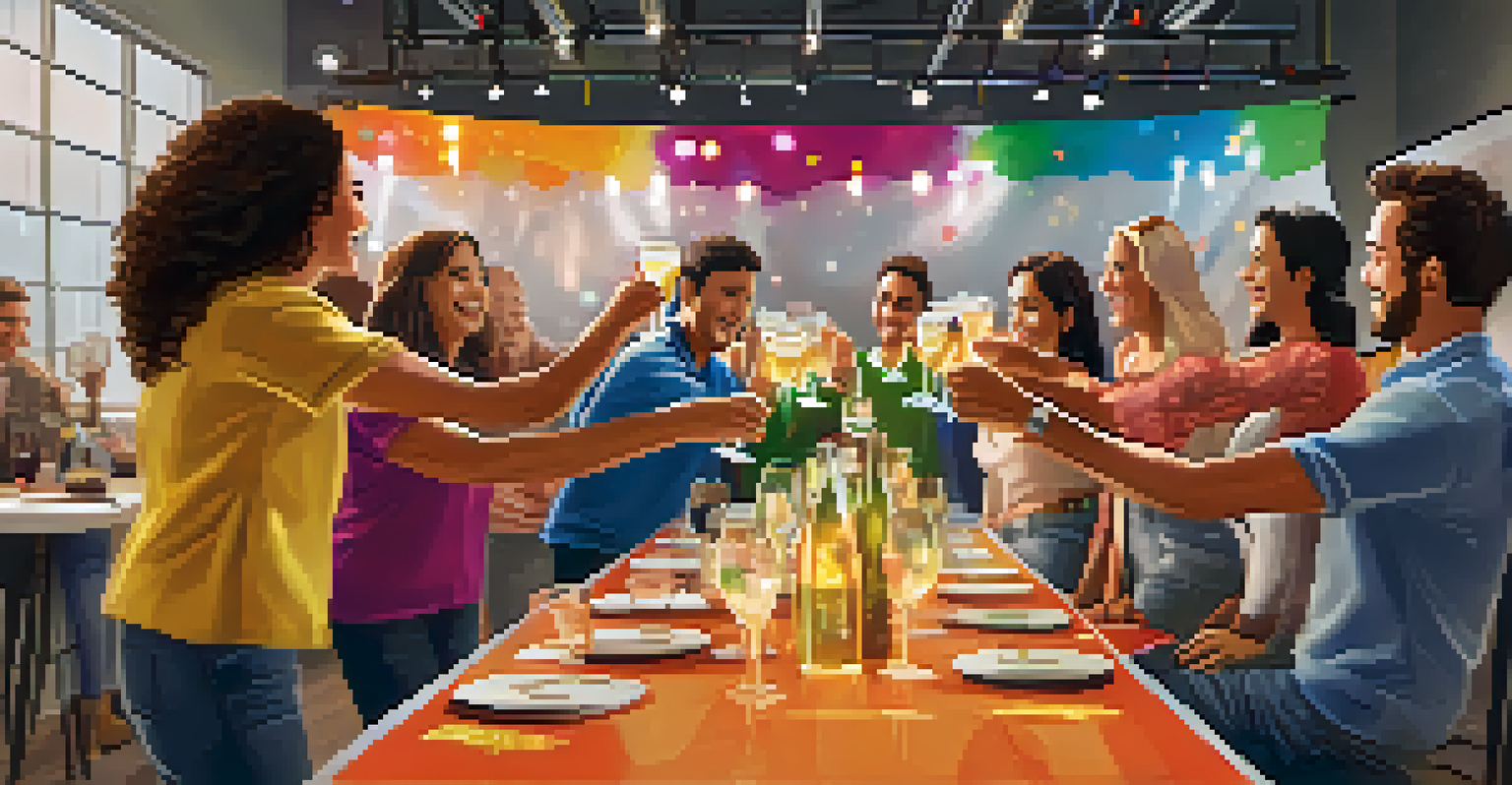 Team members in a production studio celebrating with a toast, surrounded by lights and a screen displaying their finished project.