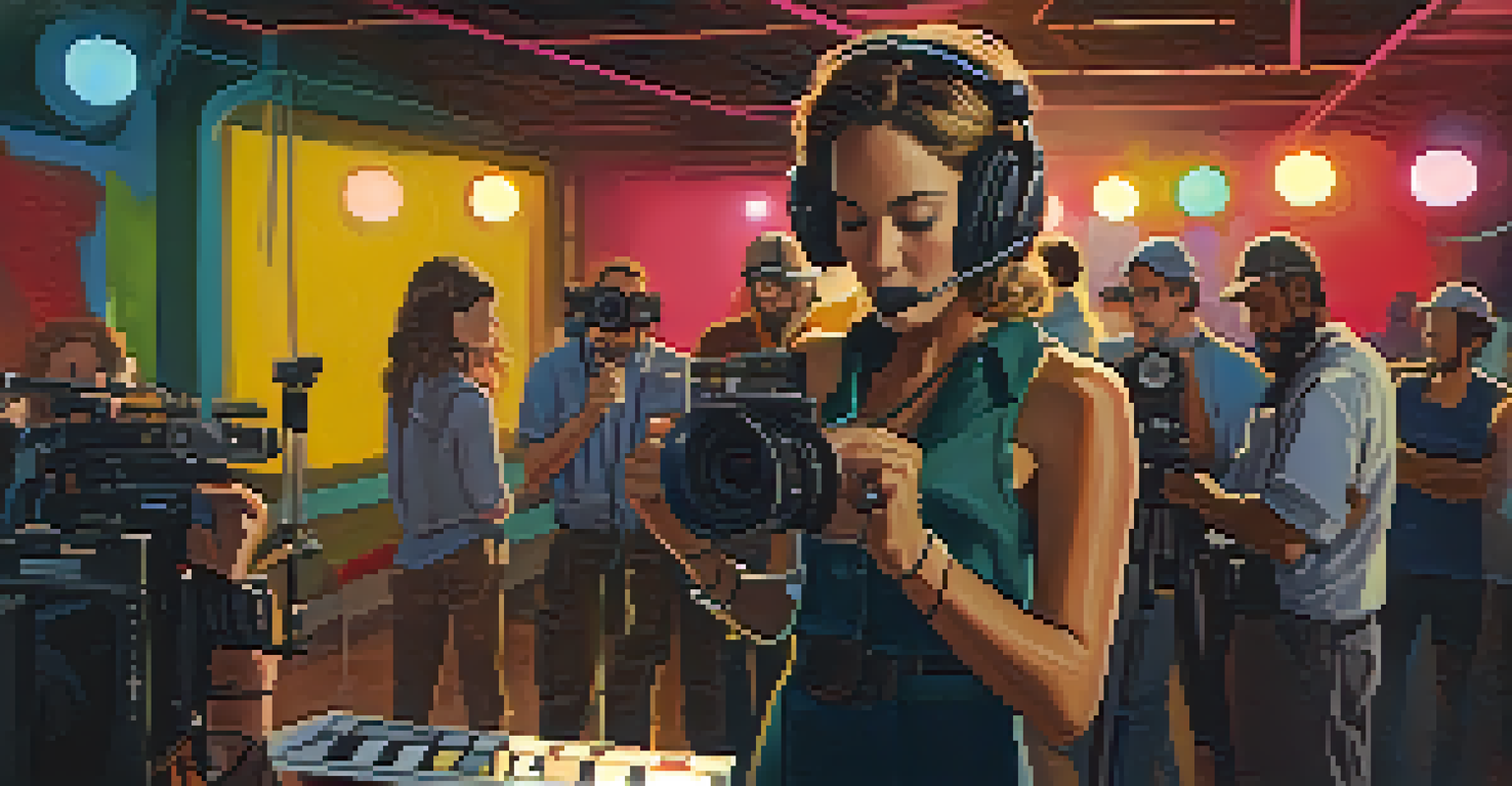A female filmmaker directs a scene on a movie set, engaging with her team amidst a vibrant and bustling atmosphere.