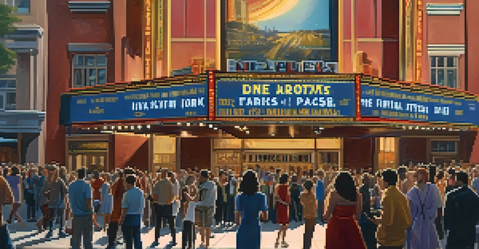 A lively gathering of film enthusiasts outside a historic theater during the New York Film Festival, with colorful banners and a sunset in the background.
