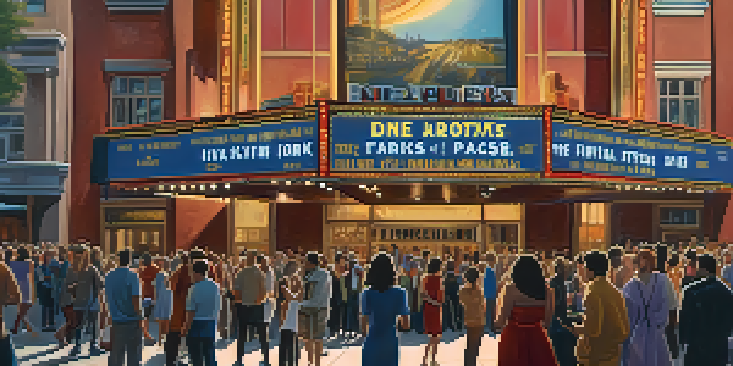 A lively gathering of film enthusiasts outside a historic theater during the New York Film Festival, with colorful banners and a sunset in the background.