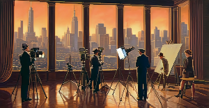 A vintage film set from the 1920s with a classic camera, crew members, and actors in period costumes, surrounded by soft lighting and a city skyline backdrop.