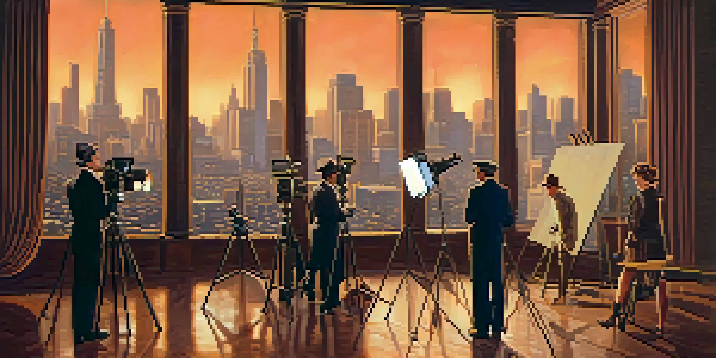 A vintage film set from the 1920s with a classic camera, crew members, and actors in period costumes, surrounded by soft lighting and a city skyline backdrop.