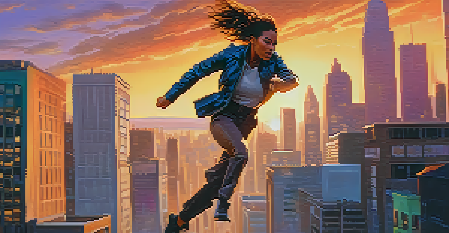 A strong female lead in an action scene, leaping through an urban landscape during a thrilling chase at sunset.