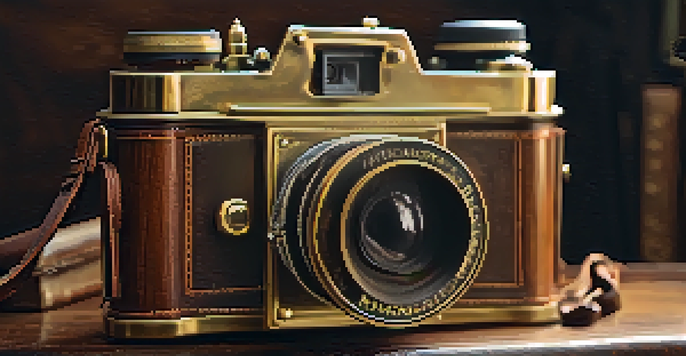 A vintage wooden camera with brass fittings and a leather strap on a wooden table, illuminated by soft light.