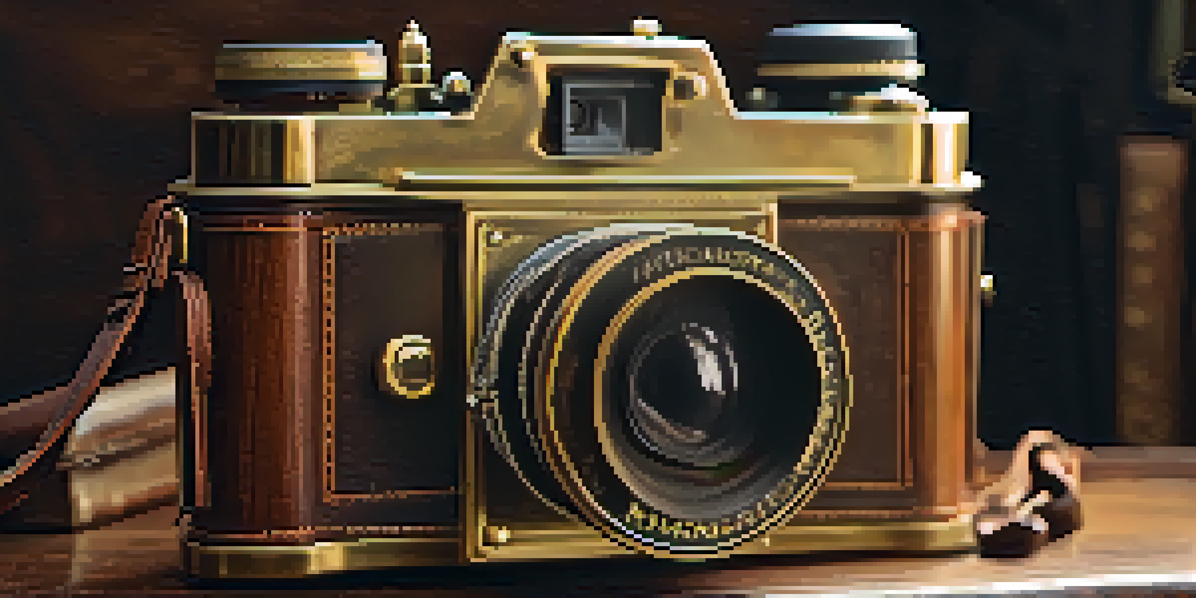 A vintage wooden camera with brass fittings and a leather strap on a wooden table, illuminated by soft light.