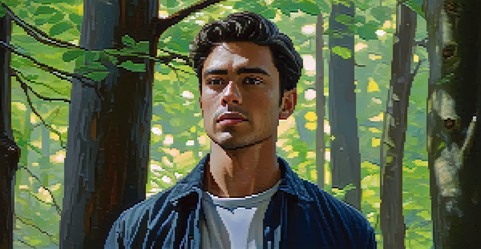 A sensitive male hero in a sunlit forest, showing vulnerability with tears in his eyes, surrounded by lush green foliage.