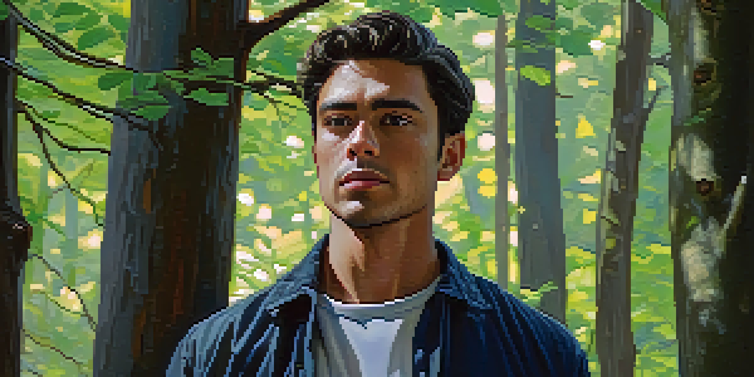 A sensitive male hero in a sunlit forest, showing vulnerability with tears in his eyes, surrounded by lush green foliage.