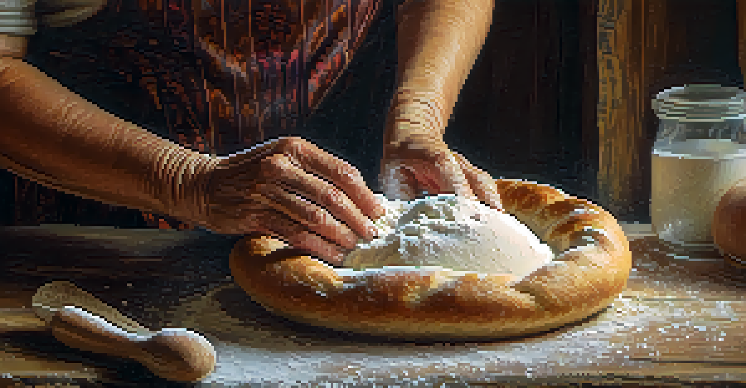 Close-up of a woman's hands kneading bread dough on a wooden table, with warm light illuminating the scene.