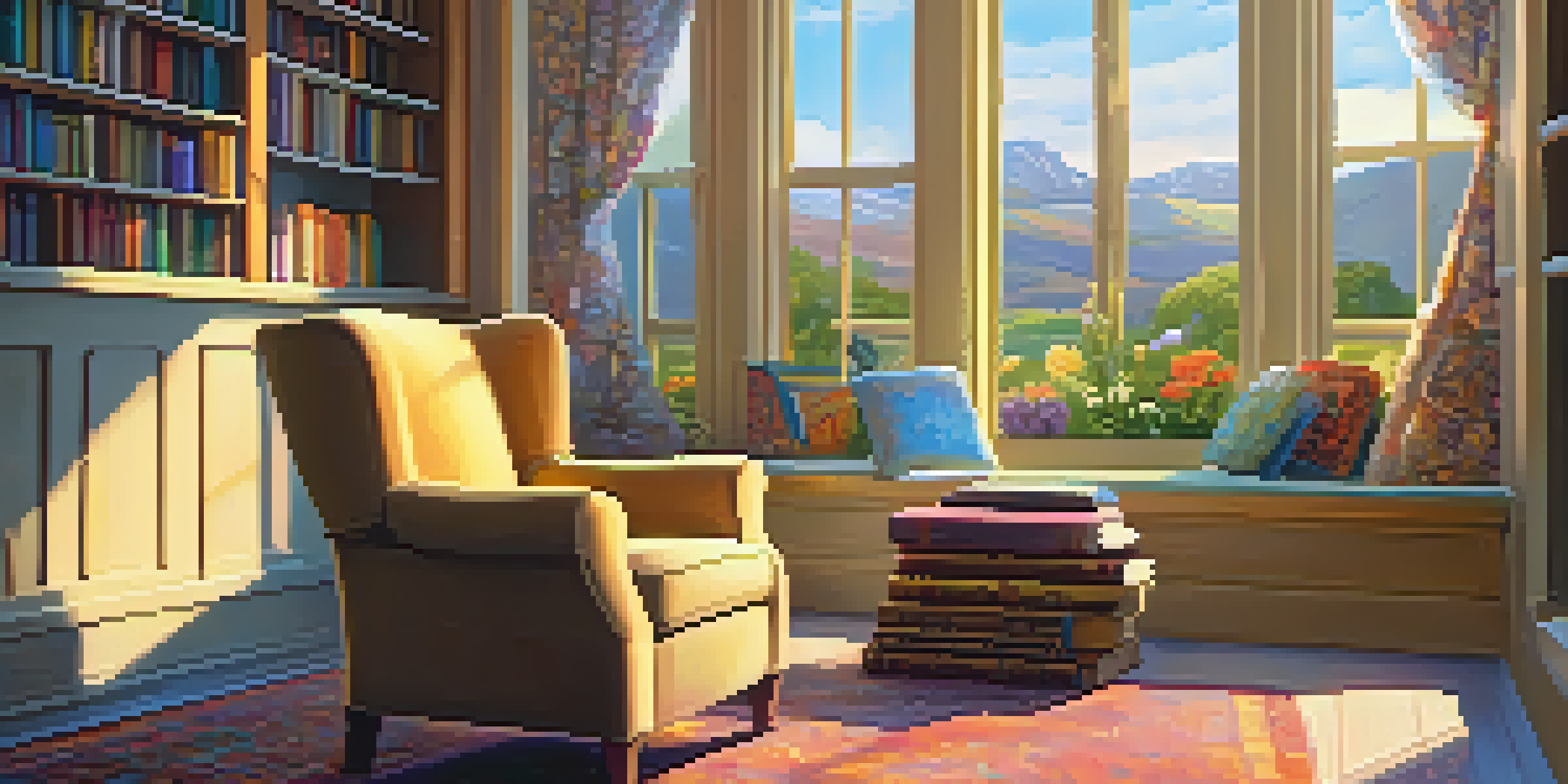 A cozy reading nook with a plush armchair and classic novels, illuminated by warm golden light from a window, overlooking a colorful garden.