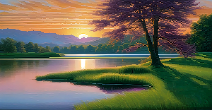 A tranquil sunset over a calm lake with vibrant colors reflecting on the water and a willow tree in the foreground.
