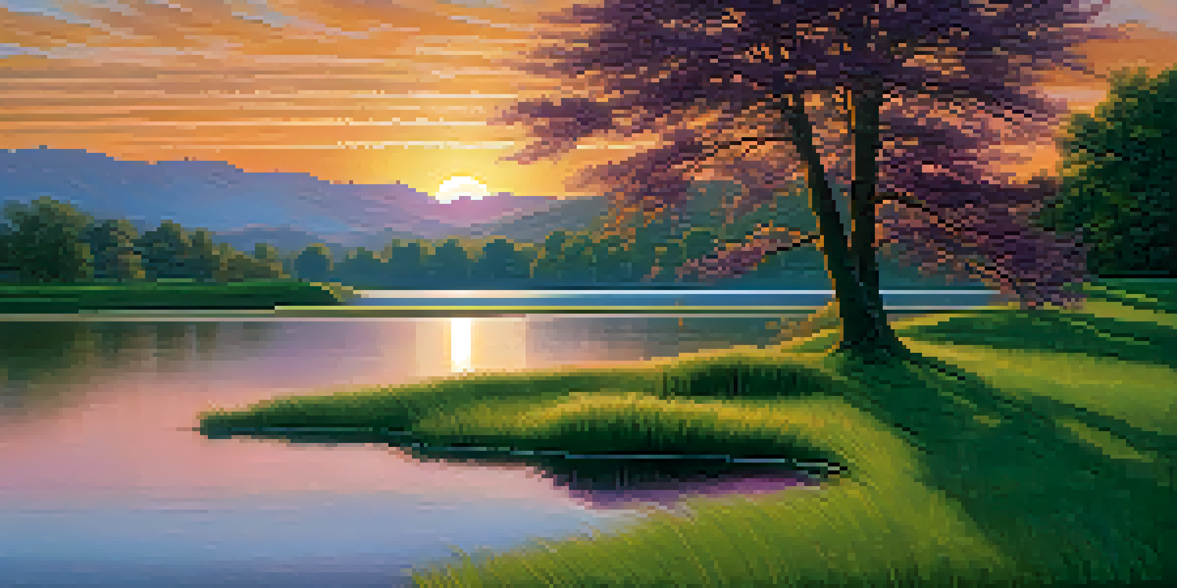 A tranquil sunset over a calm lake with vibrant colors reflecting on the water and a willow tree in the foreground.