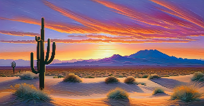 A wide shot of a desert landscape at sunset, showcasing golden sand dunes and a solitary cactus under a colorful sky.