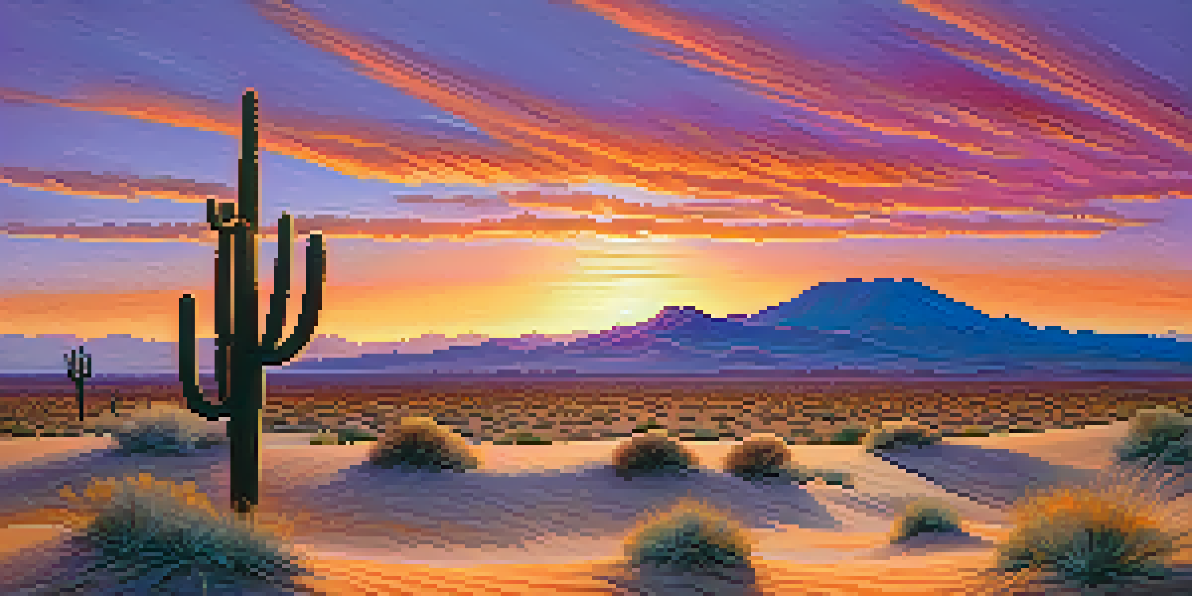 A wide shot of a desert landscape at sunset, showcasing golden sand dunes and a solitary cactus under a colorful sky.