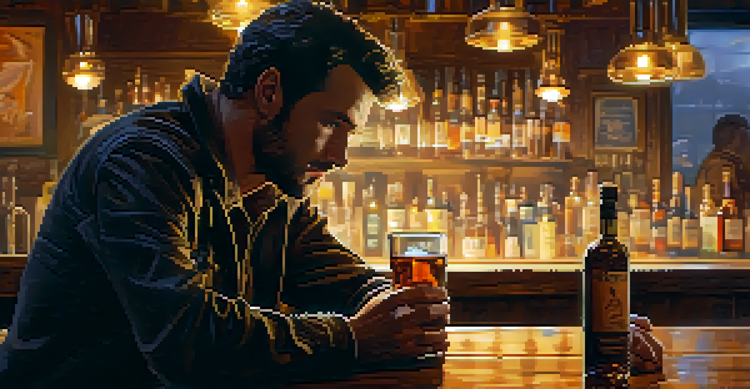 A rugged antihero sits alone at a dimly lit bar, deep in thought while holding a drink, surrounded by blurred conversations.