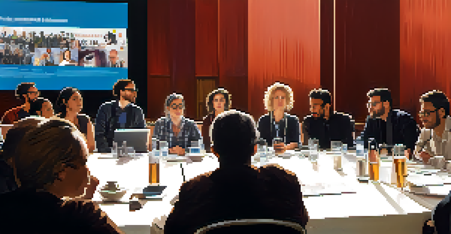 A panel discussion at an international film festival with diverse filmmakers and an attentive audience.