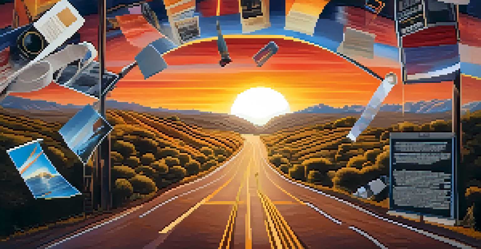 An artistic depiction of a film editor's journey with a winding road of film reels leading to a bright light, surrounded by editing symbols.