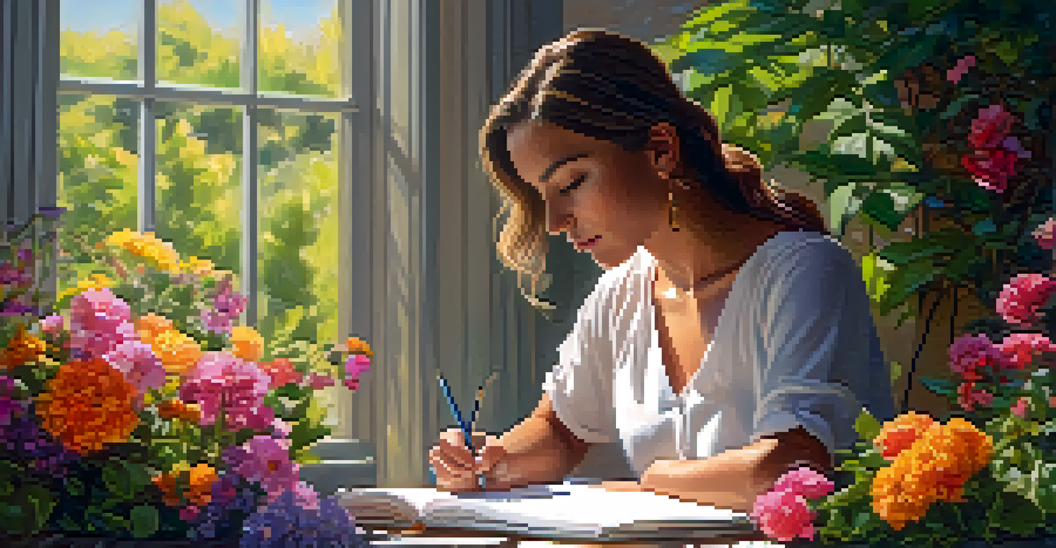 A woman writing in a notebook surrounded by colorful flowers in a bright and serene setting.