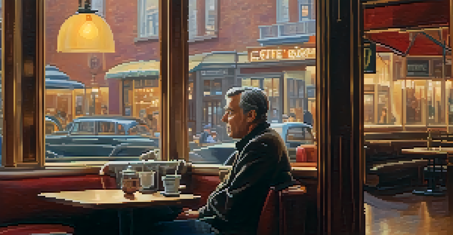 A middle-aged man sitting alone at a table in a cozy coffee shop, looking thoughtfully outside with a cup of coffee in front of him.