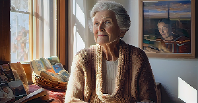 An elderly woman in a cozy room filled with family photographs, illuminated by soft sunlight.