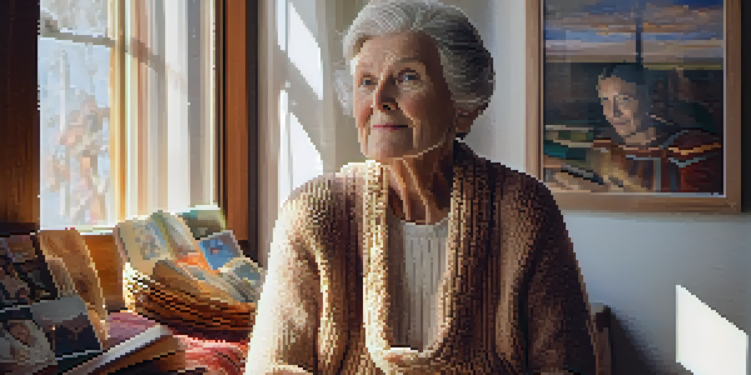 An elderly woman in a cozy room filled with family photographs, illuminated by soft sunlight.