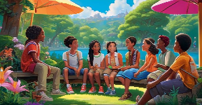 A group of diverse young characters having a friendly conversation in a colorful park with lush greenery and bright sunlight.