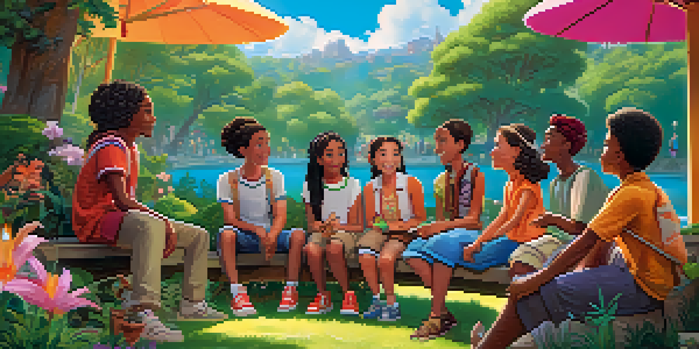 A group of diverse young characters having a friendly conversation in a colorful park with lush greenery and bright sunlight.