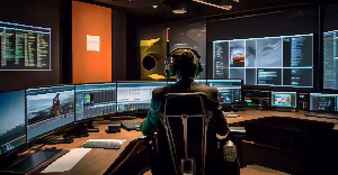 A film editor in a dimly lit editing room, concentrating on multiple screens displaying colorful film clips and a timeline.