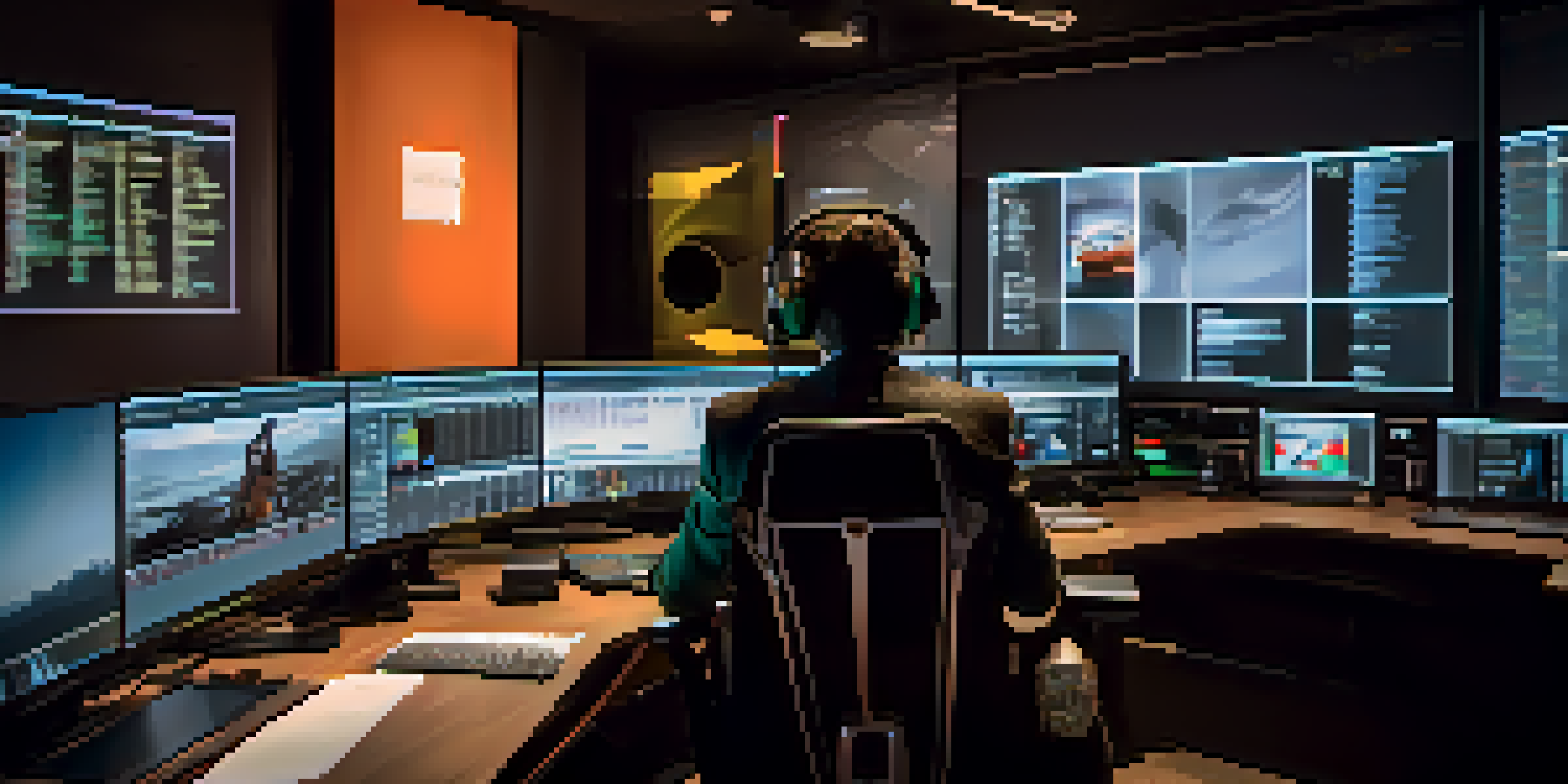 A film editor in a dimly lit editing room, concentrating on multiple screens displaying colorful film clips and a timeline.