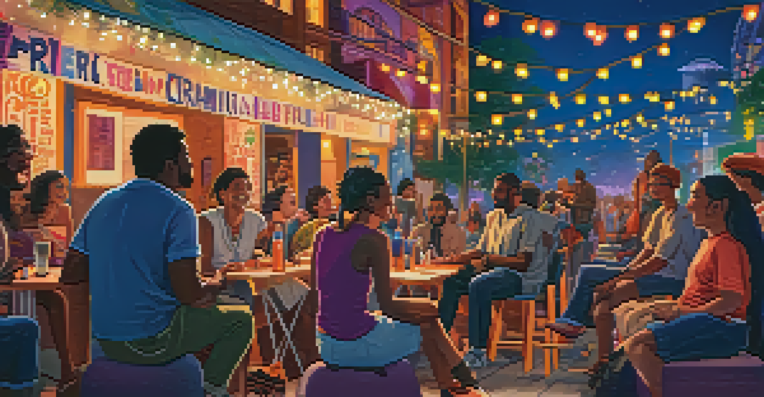 A lively film festival with diverse individuals discussing under string lights, surrounded by colorful film posters.