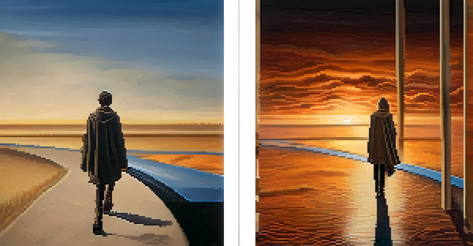 A split image illustrating a character's journey from uncertainty to confidence, with warm and cool background tones.