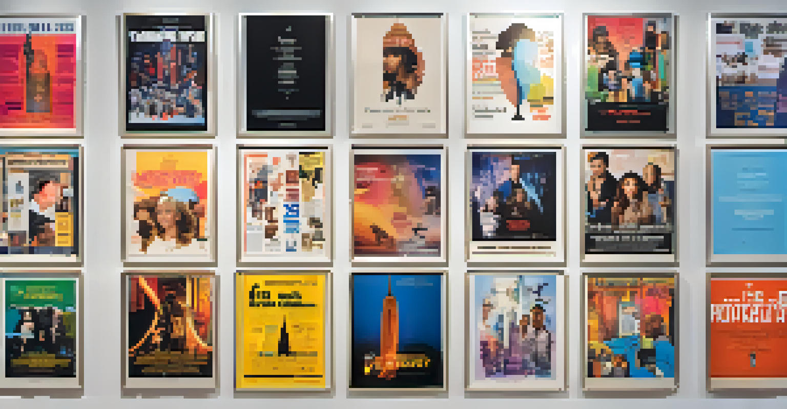 A display of film posters from the New York Film Festival, showcasing diverse themes and artwork against a minimalist backdrop.