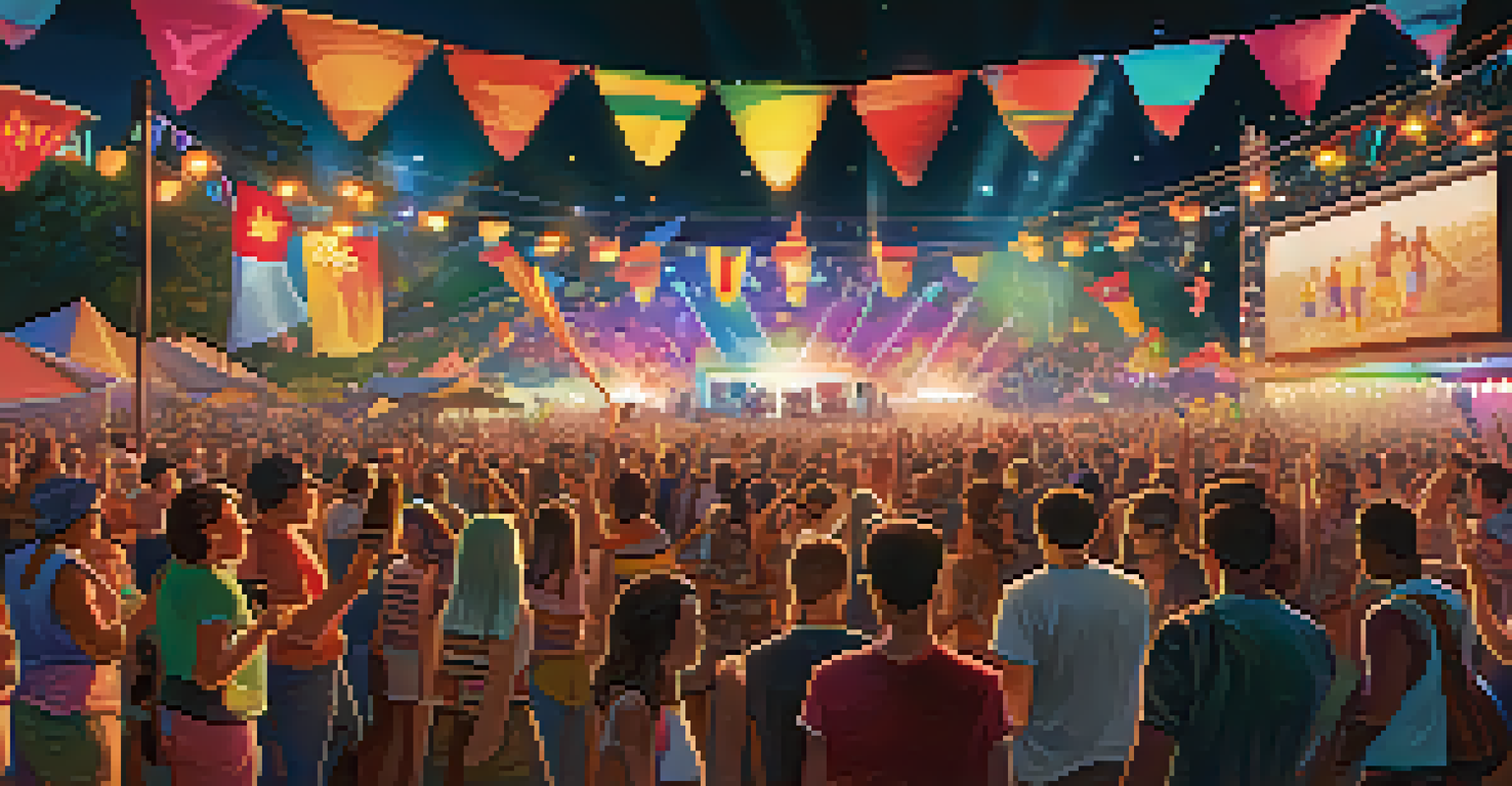 A vibrant outdoor summer music festival with a diverse crowd enjoying performances and celebrating inclusivity under colorful lights.