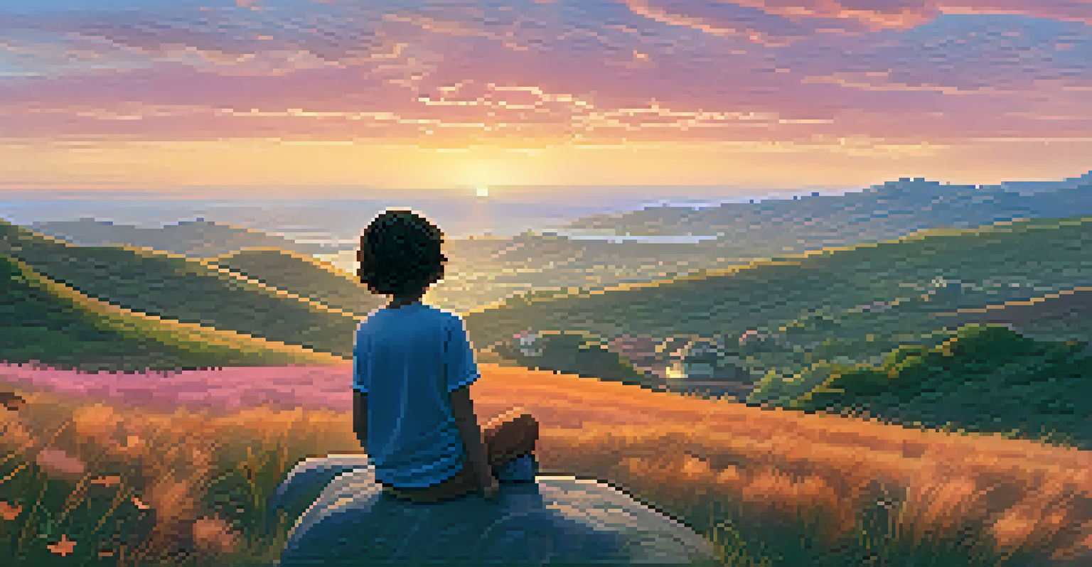 A young animated character sitting on a hillside at sunset, looking thoughtfully at the horizon, symbolizing self-discovery.