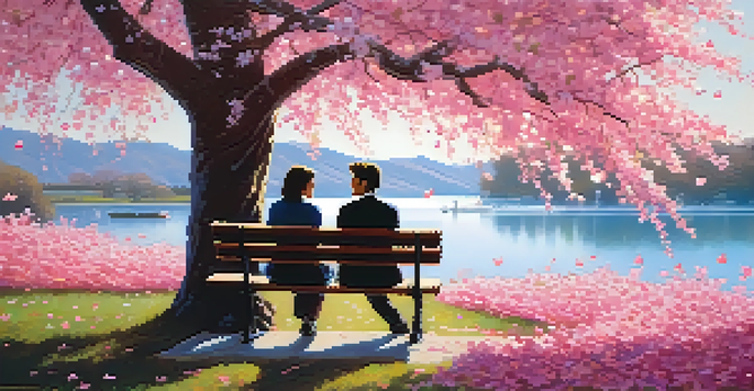 A couple sitting on a park bench under a cherry tree, with petals falling around them, smiling and talking, surrounded by a scenic lake and hills.