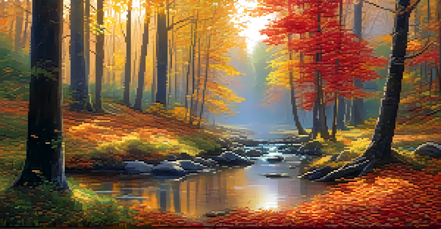 A serene autumn forest with golden and red leaves, tall trees, and a gentle stream reflecting the vibrant colors under soft sunlight.