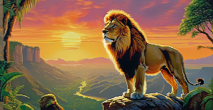 A majestic lion on a rock formation in a vibrant jungle during sunset, evoking feelings of adventure.