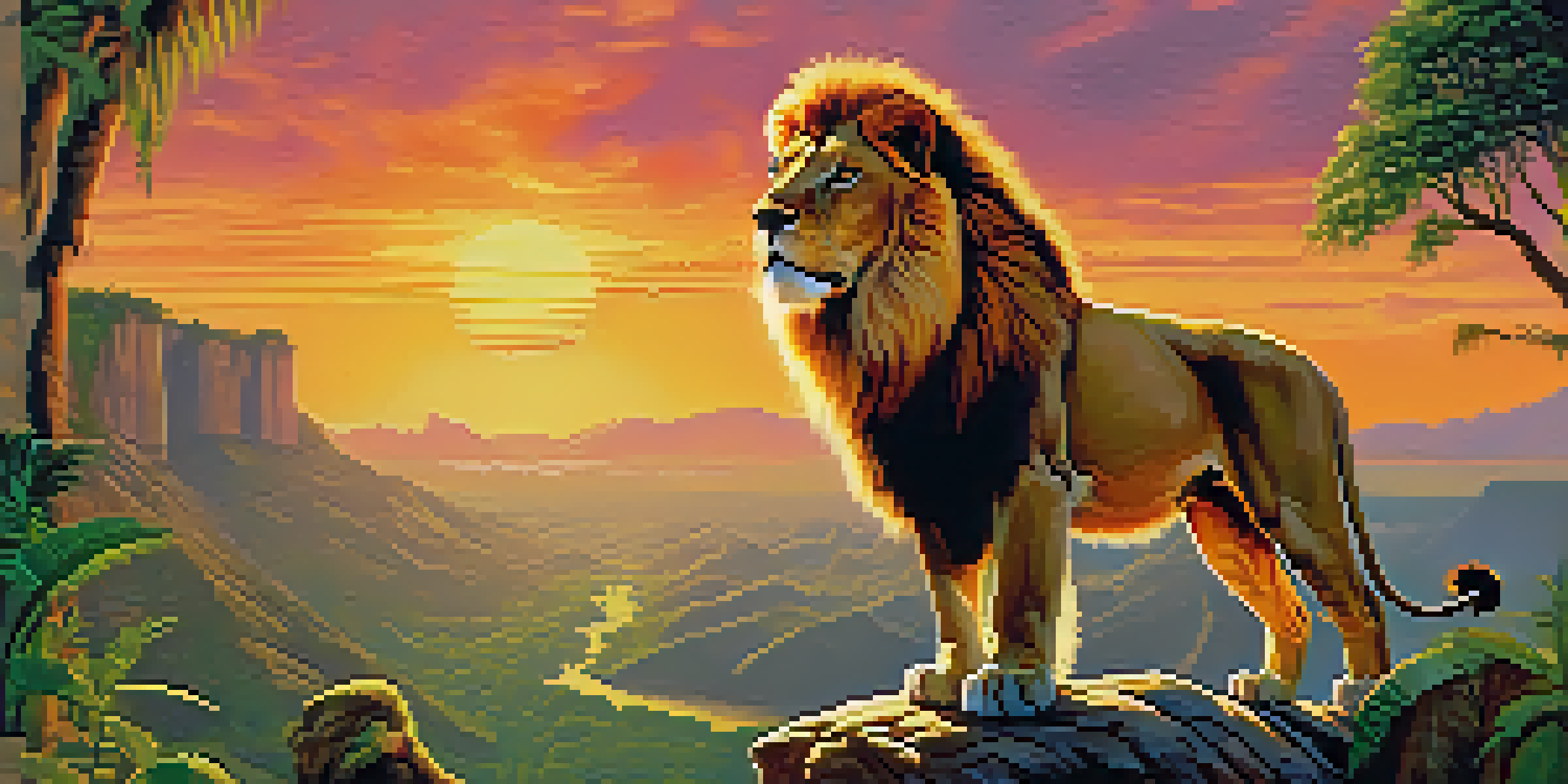 A majestic lion on a rock formation in a vibrant jungle during sunset, evoking feelings of adventure.