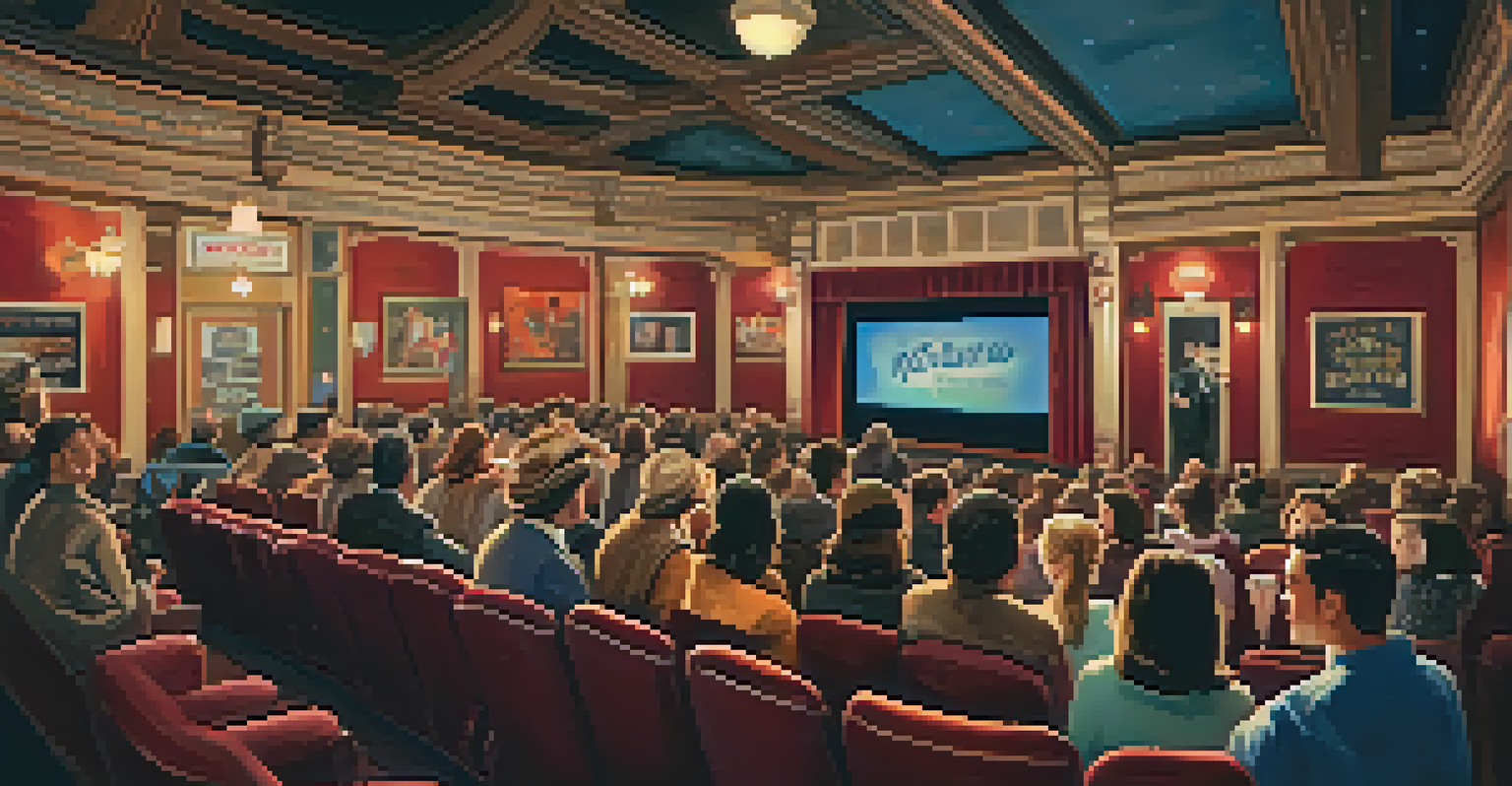 A cozy vintage theater filled with an audience watching a cult classic film, surrounded by retro decor and warm, dim lighting.