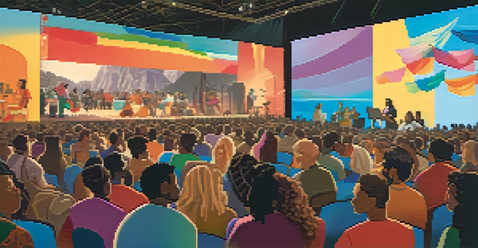 A lively film festival with diverse filmmakers and audiences engaging in discussions, colorful cultural banners in the background, and a female filmmaker presenting her work.