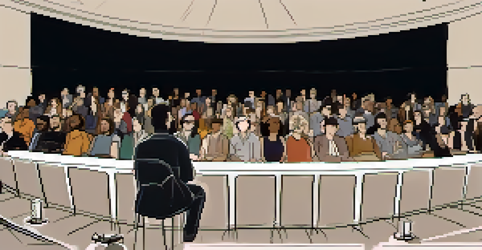 A panel of diverse filmmakers engaging in a Q&A session at a film festival, with an audience attentively listening in a semi-circle under soft stage lighting.