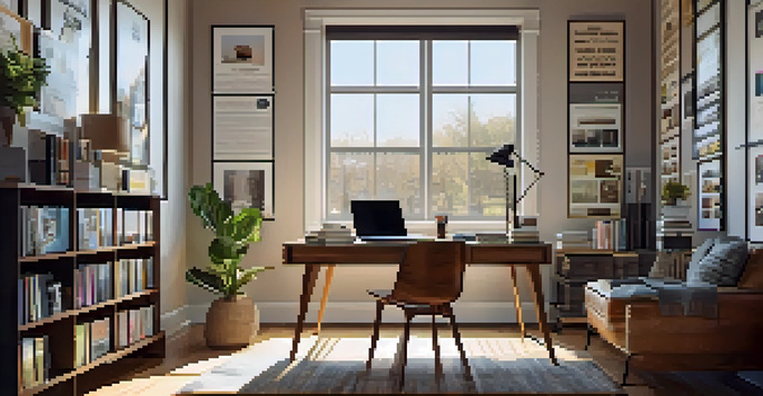 A well-lit modern home office featuring a desk with a laptop, film posters on the walls, and a cozy chair in the corner.