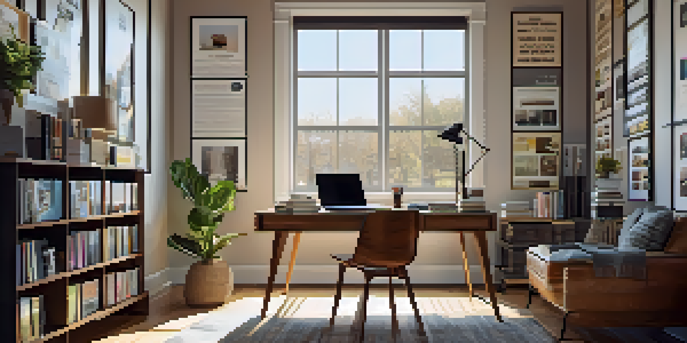 A well-lit modern home office featuring a desk with a laptop, film posters on the walls, and a cozy chair in the corner.