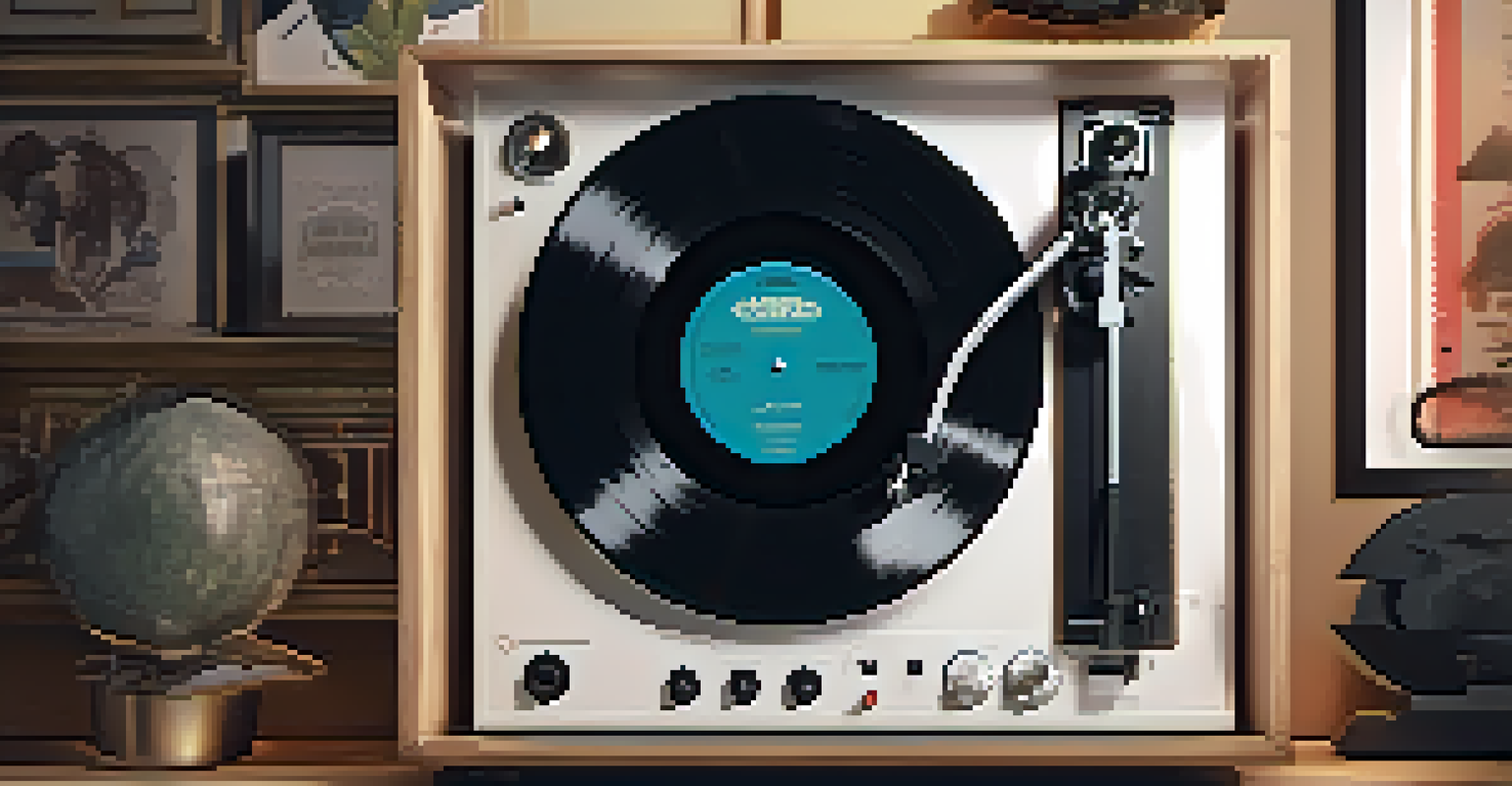 A close-up of a spinning vinyl record on a turntable, with a classic film soundtrack label, set in a cozy living room with warm lighting.