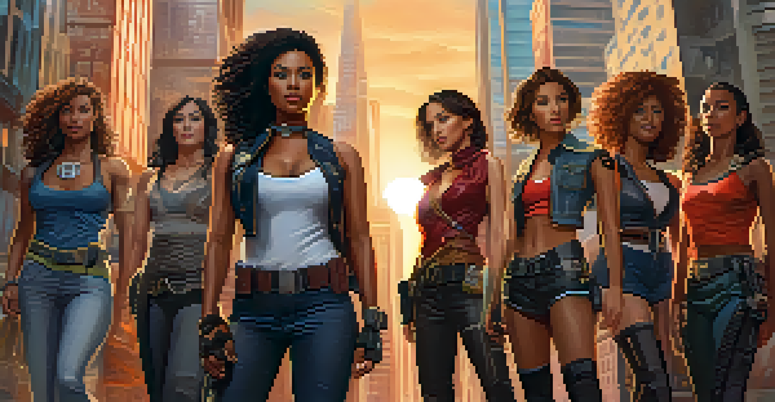 A diverse group of female action heroes stands together in an urban setting, showcasing their unique styles against a city backdrop.