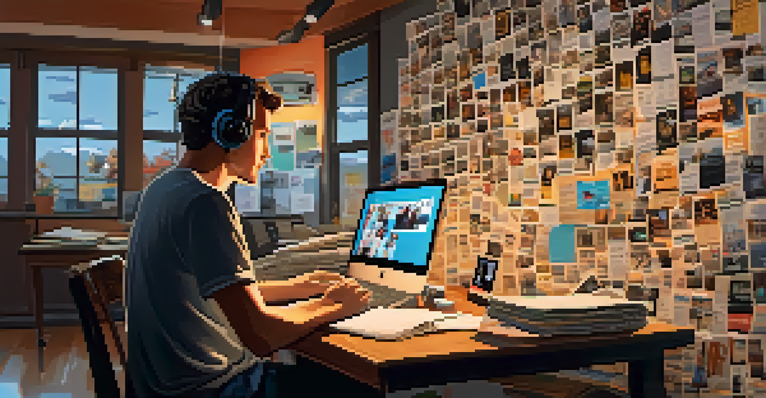 A film director engaging with fans through social media at a desk filled with scripts and fan art, in a warmly lit creative workspace.