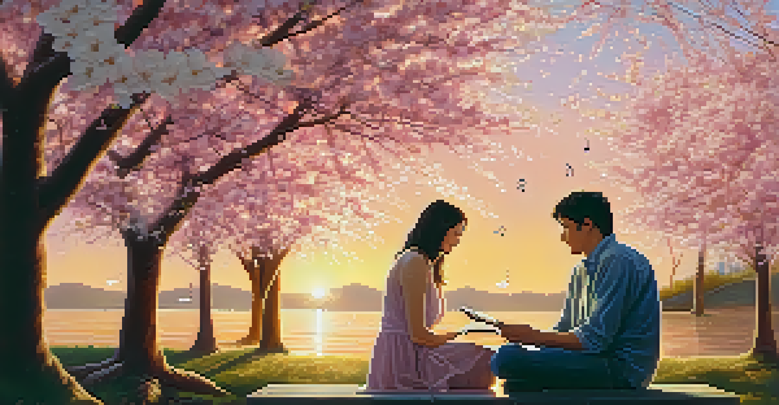 A couple sharing a romantic moment under a cherry blossom tree during sunset, with floating musical notes around them.