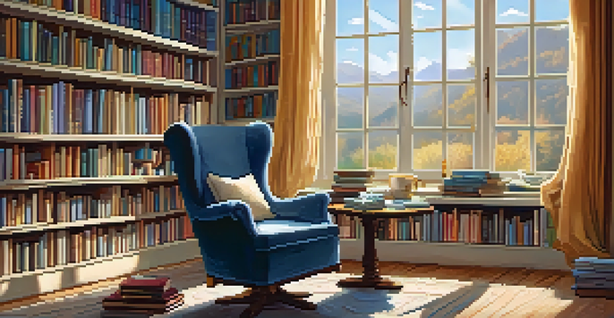 A cozy reading nook with bookshelves, a reading chair, and a cup of tea by the window.