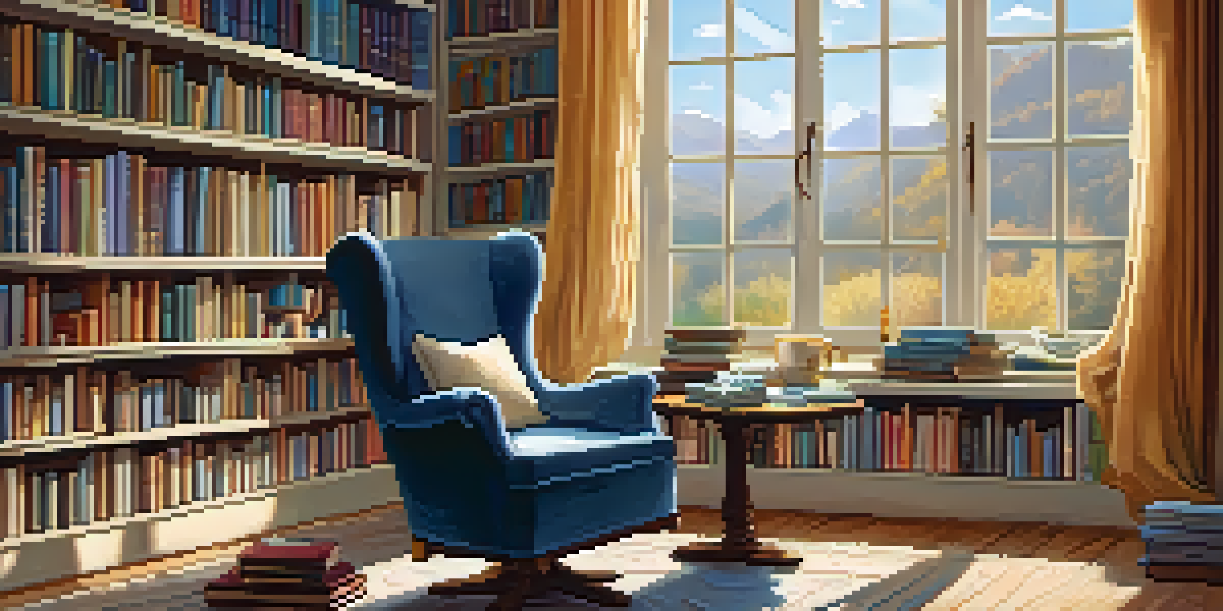 A cozy reading nook with bookshelves, a reading chair, and a cup of tea by the window.