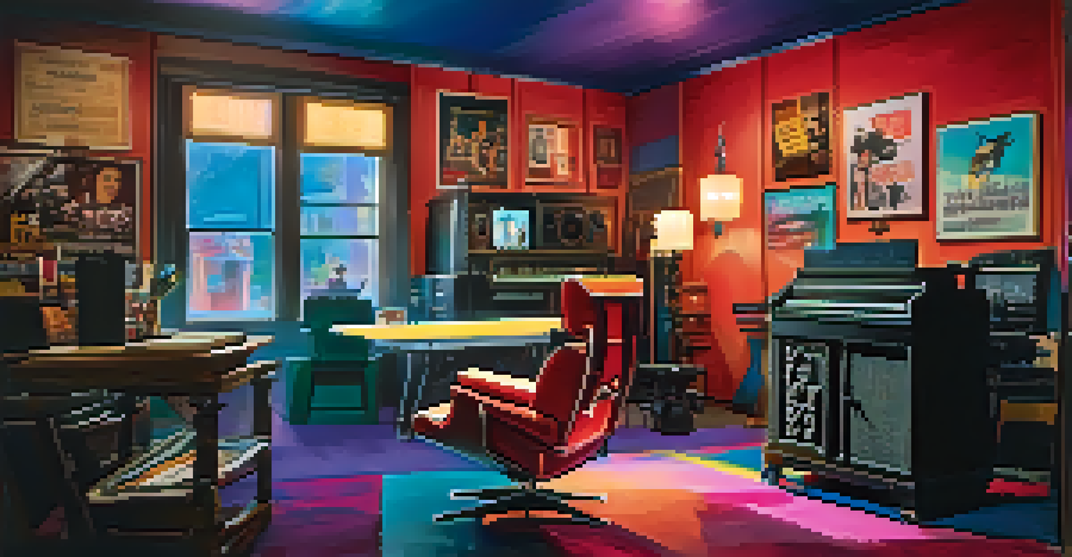 A colorful film set with vintage props, a movie poster on the wall, and a director's chair with an open script.
