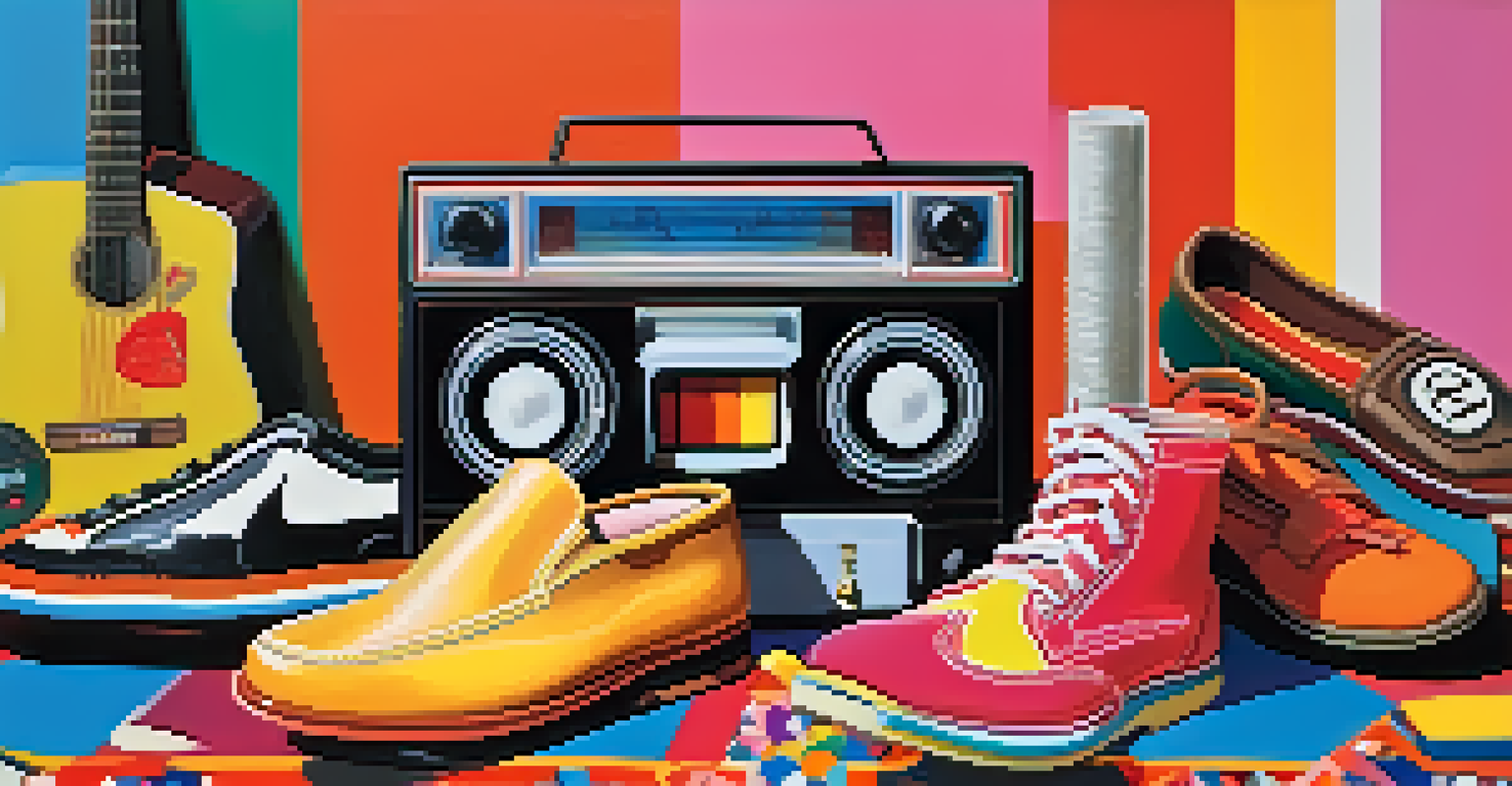 A collage of iconic 1970s items like a lava lamp and cassette tapes, arranged on a colorful background, capturing the playful and vibrant essence of the era.